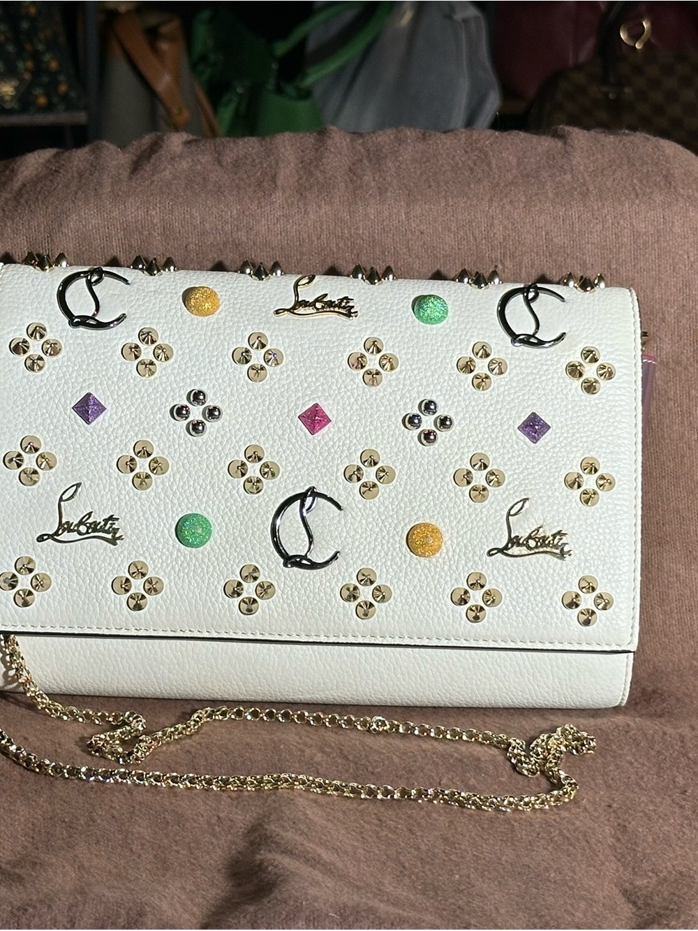 Christian Louboutin White Leather Studded Crossbody with Multicolor Accents